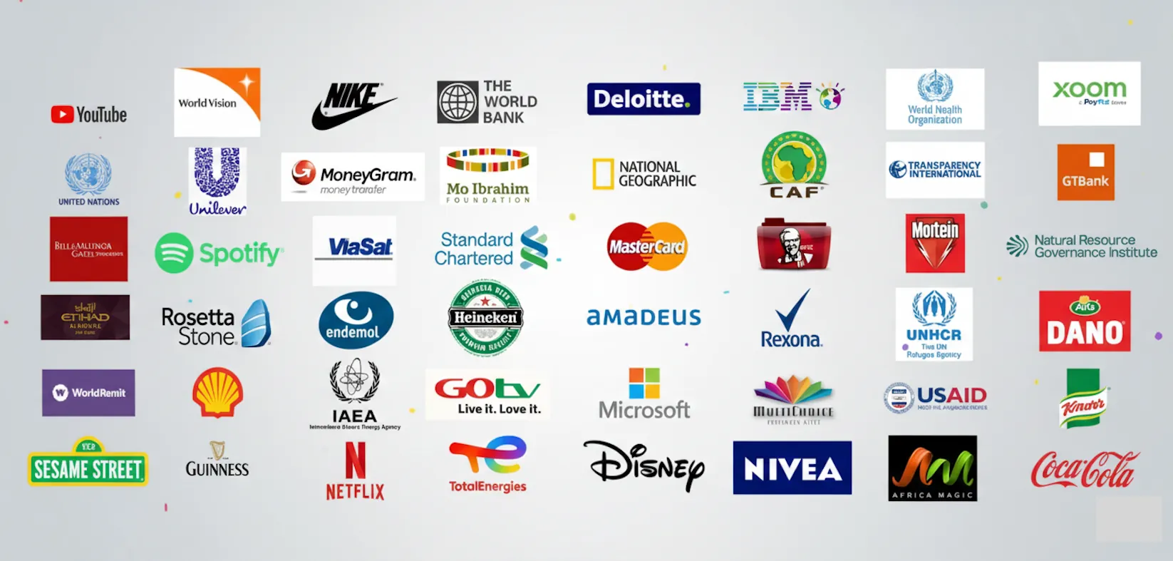 Logos of brands and organisations Sanjo Ogunseye has voiced for, including the UN, WHO, Spotify, IBM, Nike, Mastercard and Disney